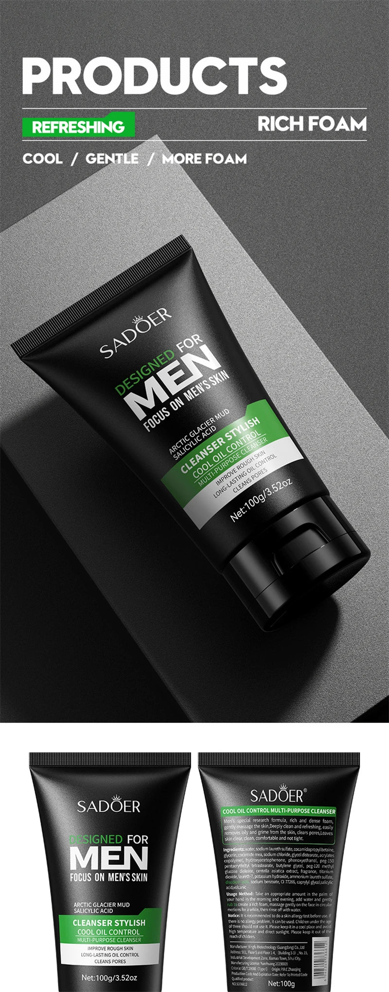 Deep Cleansing Men Facial Cleanser Oil Control Moisturizing Blackhead Remove Dark Spots Pores Acne Mark Refining Face Wash 100g